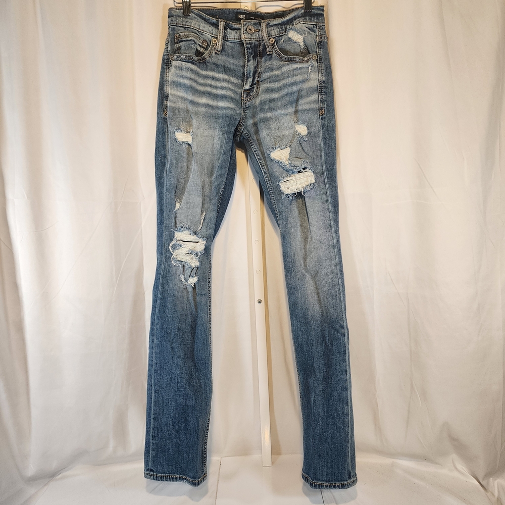 BKE Jake Jeans Mens 28x34 Straight Leg Blue Denim Jeans Stretch Distressed